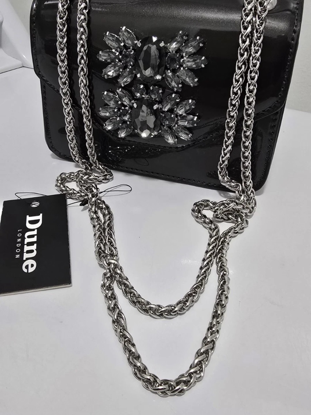 Dune London black handbag   Metal chain strap and jewel NWT embellishments.